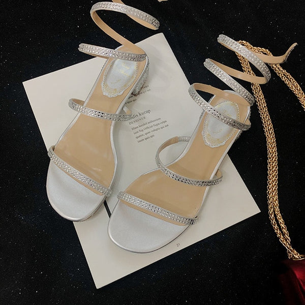 Summer Women Sandals 2019 Fashion Sexy Rhinestone Mid Heel Tied Party Breathable Comfort Shopping Woman Walking Casual Shoes