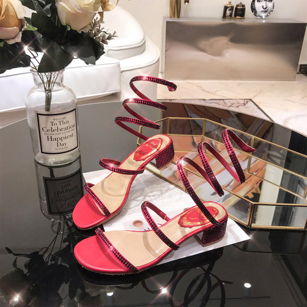 Summer Women Sandals 2019 Fashion Sexy Rhinestone Mid Heel Tied Party Breathable Comfort Shopping Woman Walking Casual Shoes