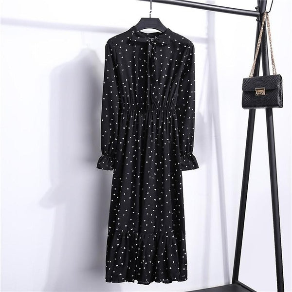 29 Colors Beautiful Fashion Spring Autumn Women Long Sleeve Dress Retro Collar Casual Slim Dresses Floral Printing Chiffon Sexy