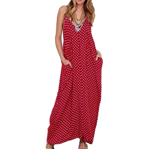 2019 Fashion Women Polka Dot Print V Neck Sleeveless Sundress Loose Maxi Long Beach Bohemian Vintage Dress S to 5XL Summer Dress