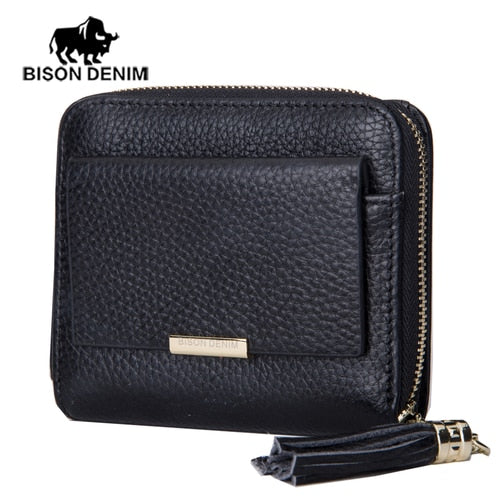BISON DENIM 100% Leather Women's Purse Zipper Coin Pocket Wallet Card Holder Female Money Bag Small carteira feminina N3276