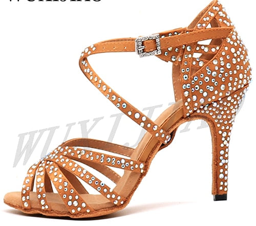 WUXIJIAO Women Party Dance Shoes Satin Shining rhinestones Soft Bottom Latin Dance Shoes Woman Salsa Dance Shoes heel5CM-10CM