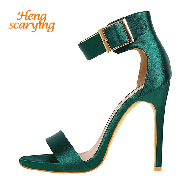 Plus Size 43 Women Classic Satin 11cm High Heels Fetish Silk Sandals Female Gladiator Summer Cheap Shoes Lady Green Sexy Pumps