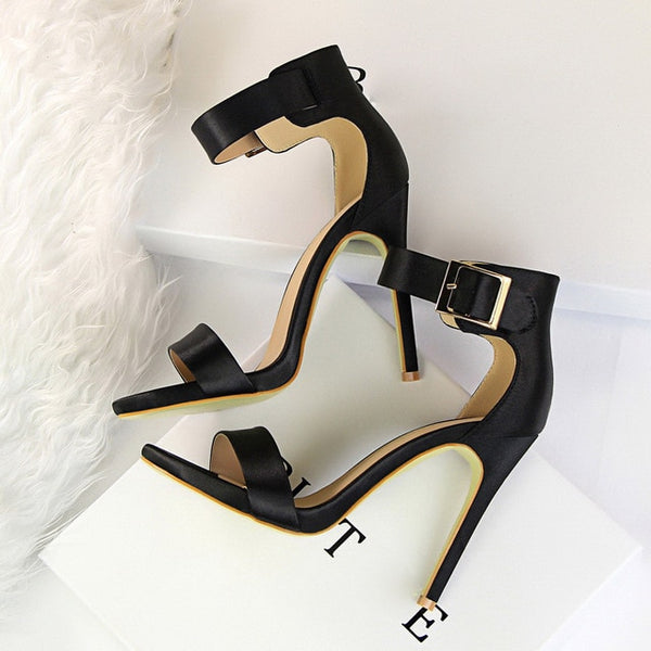 Plus Size 43 Women Classic Satin 11cm High Heels Fetish Silk Sandals Female Gladiator Summer Cheap Shoes Lady Green Sexy Pumps