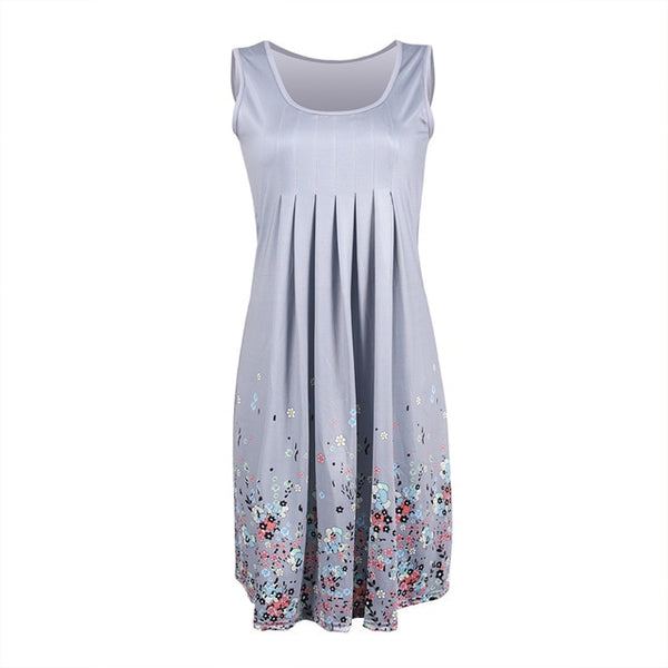 Womens Floral Sundress Knee Length Summer Loose Sleeveless Dresses Floral Print Fashion Beach Dress Summer Womens New PLUS SIZE