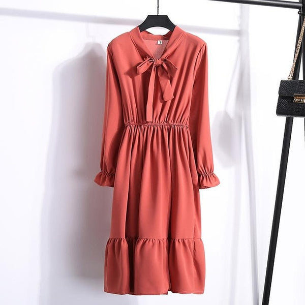 29 Colors Beautiful Fashion Spring Autumn Women Long Sleeve Dress Retro Collar Casual Slim Dresses Floral Printing Chiffon Sexy