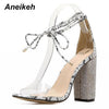 Aneikeh Women High Heels Sandals Summer Square Heels Crystal Heeled Platform Shoes Ladies Sexy Party Wedding Lace Up Shoes