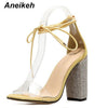 Aneikeh Women High Heels Sandals Summer Square Heels Crystal Heeled Platform Shoes Ladies Sexy Party Wedding Lace Up Shoes