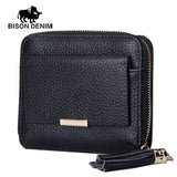 BISON DENIM 100% Leather Women's Purse Zipper Coin Pocket Wallet Card Holder Female Money Bag Small carteira feminina N3276