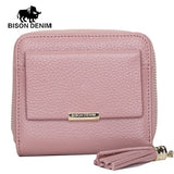 BISON DENIM 100% Leather Women's Purse Zipper Coin Pocket Wallet Card Holder Female Money Bag Small carteira feminina N3276