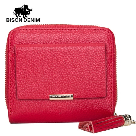 BISON DENIM 100% Leather Women's Purse Zipper Coin Pocket Wallet Card Holder Female Money Bag Small carteira feminina N3276