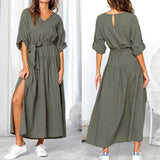 KANCOOLD Dress Women Long Sleeve V Neck Split Solid Sashes fashion Dresses Ladies Casual Loose Maxi dress women 2018AUG3
