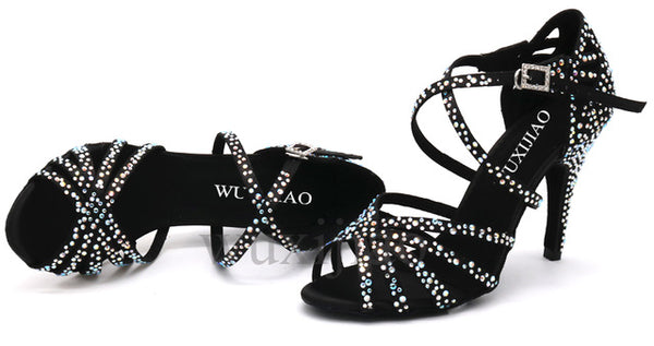 WUXIJIAO Women Party Dance Shoes  Satin Shining rhinestones Soft Bottom Latin Dance Shoes Woman Salsa Dance Shoes heel5CM-10CM