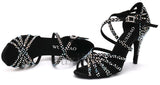 WUXIJIAO Women Party Dance Shoes  Satin Shining rhinestones Soft Bottom Latin Dance Shoes Woman Salsa Dance Shoes heel5CM-10CM