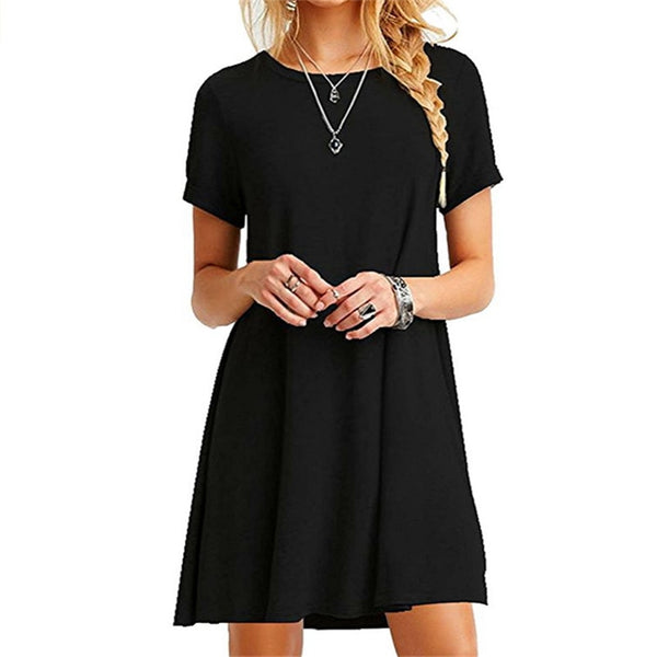 High Quality Fashion Women Black Blue Dress Summer Short Sleeve O-Neck Casual Loose Dress Female Street Plus Size Dress Vestidos