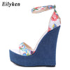 Eilyken 2019 New Designer Print Denim Sandals Roman Sandals High Quality Wedges High Heels Peep-Toe Platform Shoes Woman