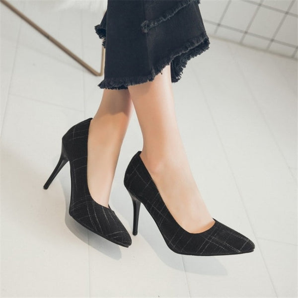 Big Size Women's Shoe 9cm MOC 2 High Heels Pumps Party Shoes For Women Canvas Wedding Shoes chaussure femme