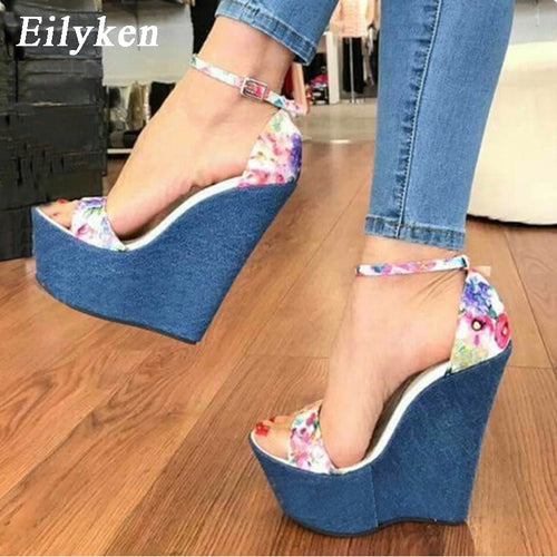 Eilyken 2019 New Designer Print Denim Sandals Roman Sandals High Quality Wedges High Heels Peep-Toe Platform Shoes Woman
