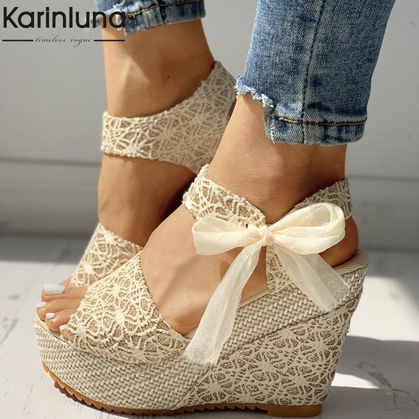 INS Hot Lace Leisure Women Wedges Heeled Women Shoes 2019 Summer Sandals Party Platform High Heels Shoes Woman