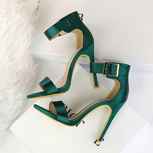 Plus Size 43 Women Classic Satin 11cm High Heels Fetish Silk Sandals Female Gladiator Summer Cheap Shoes Lady Green Sexy Pumps