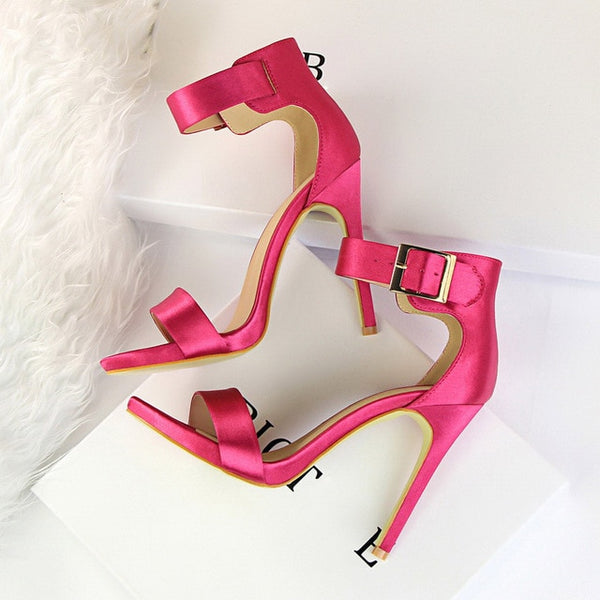 Plus Size 43 Women Classic Satin 11cm High Heels Fetish Silk Sandals Female Gladiator Summer Cheap Shoes Lady Green Sexy Pumps