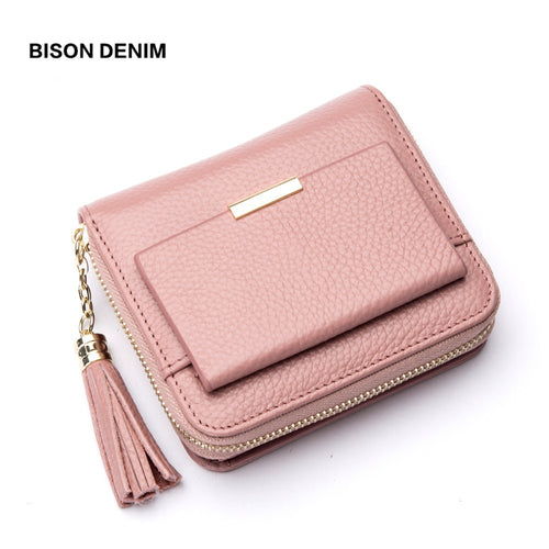 BISON DENIM 100% Leather Women's Purse Zipper Coin Pocket Wallet Card Holder Female Money Bag Small carteira feminina N3276